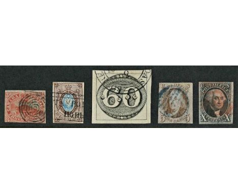 Worldwide Five first issue classics: Brazil 60cts 'bull's eye', Canada 3 pence beaver on laid paper, USA 1847 5cts Franklin a
