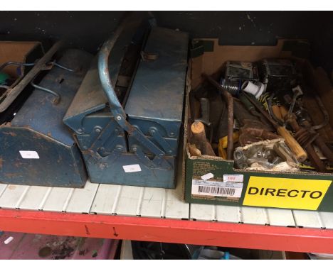 BOX OF TOOLS AND TWO METAL TOOL BOXES WITH TOOLS