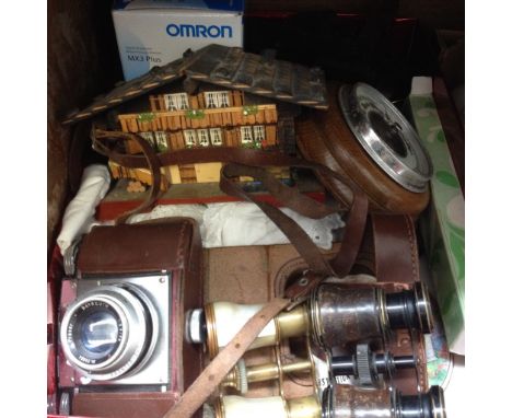 BOX WITH CAMERA, OPERA GLASSES, BAROMETER ETC.