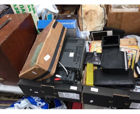 TWO BOXES OF MISC, CAMERA TRIPOD, SLIDE PROJECTOR ETC