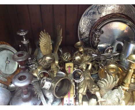 SHELF OF BRASS, OTHER METALWARE, BAROMETER ETC.