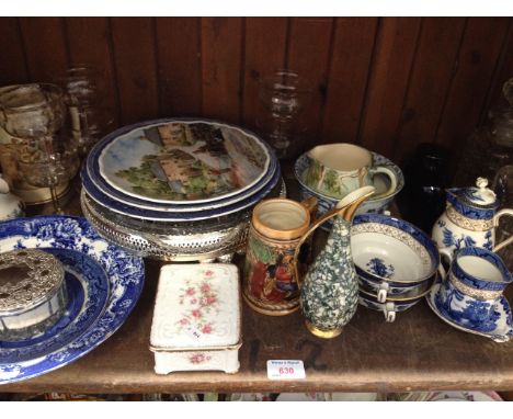 SHELF OF POTTERY, CHINA AND GLASS