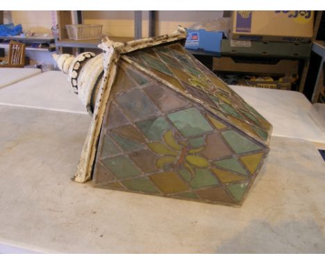Victorian cast iron lamp post, lamp top has stained glass panels, top requires assembly