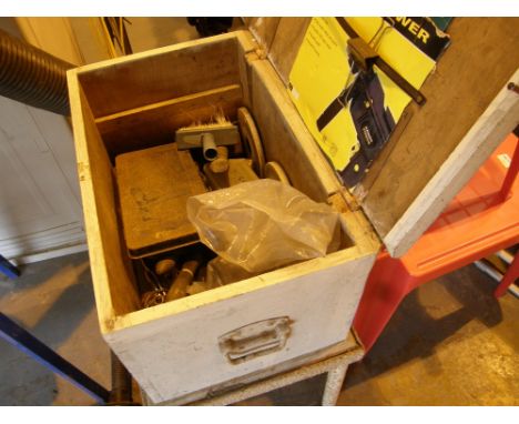Wooden tool box and tools on metal stand