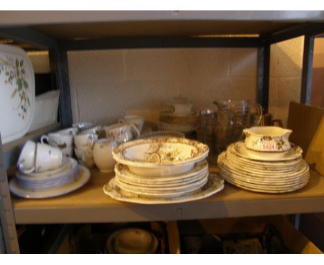 Shelf of ceramics, glass, metalware including Meakin, Medway part dinner set