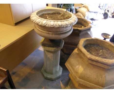 Circular marble garden planter on pedestal, H: 48 x 90 cm