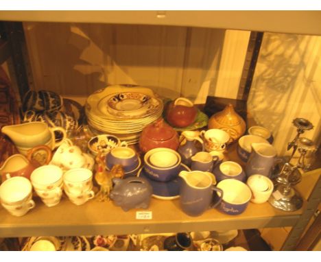 Shelf of assorted ceramics and metalware etc