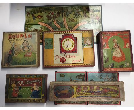 Vintage games collection: Chad Valley Clock Tidleywinks, Houp-La, Bob's Bridge Game, Dean's Dame if Wiggins Lee, The Clock Ga