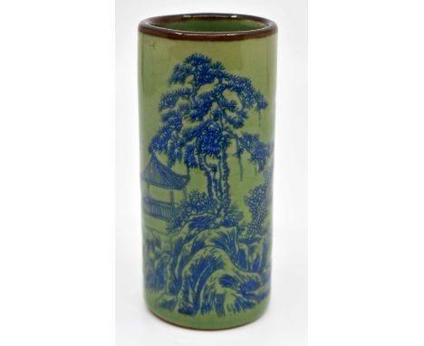 Small green ground ceramic Chinese brush pot with blue scenery decoration, signed underneath&nbsp;