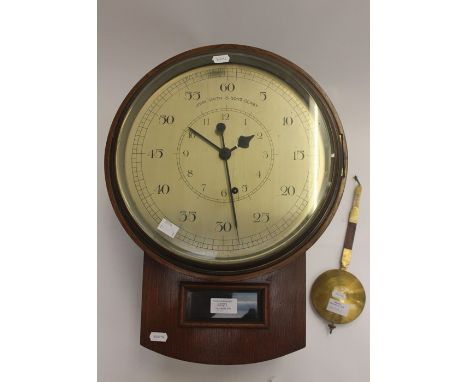 An early 20th Century oak John Smiths & Sons Derby Fusee wall 8-day clock, rectangular plated movement with double screwed pi