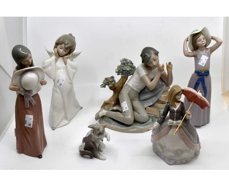 Six Lladro figures of young girls, Cherub and boy, two figures, as found.