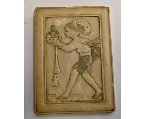 Phoebe Stabler relief moulded plaque of a boy carrying a fruit basket, marked 14 x 19.5 cms approxCondition: Chips around edg