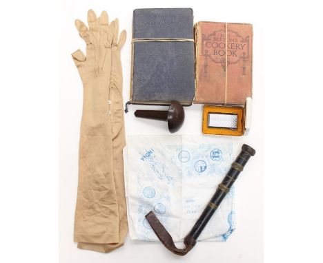 A pair of silk gloves, Tip Staff / Priest Bakelite daring mushroom, a 1937 large neckerchief Edward VIII, boxed electronic li