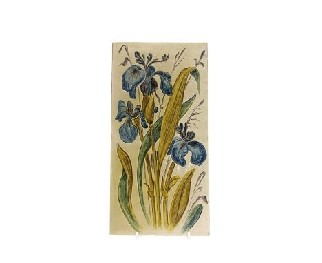 Poole Pottery tile decorated with iris, marked to back, 30 x 15 cms approxCondition: Few small chips to edges