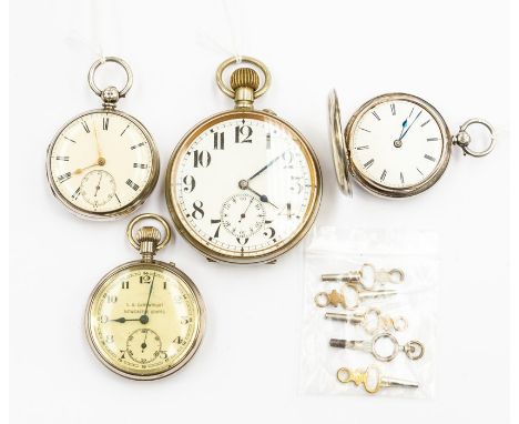 A collection of four Gentleman's Pocket Watches. One larger type with 55mm face with white enamel dial with Arabic numerals a