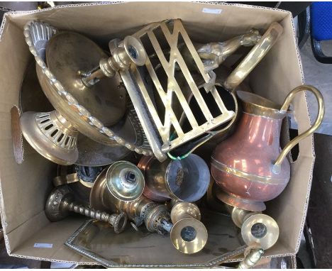 A collection of assorted brass ware, including a pair of Victorian brass candlesticks, a 19th Century chamber stick, tray, co