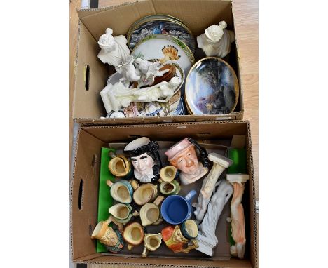 Collection of character miniature jugs, Cabinware plate, Classical figures and other ceramic items.