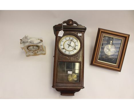 Three modern clocks, comprising, two wall clocks, one a mantle clock.