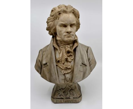 An early 20th Century ceramic bust of Beethoven Condition: Head has been broken off and reglued. Chips to hair. Collar broken