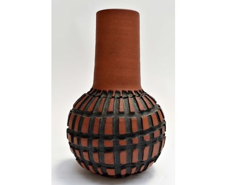 Poole pottery studio Atlantis vase by Jennie Haigh A11/1. Ovoid body with cylindrical neck, groove decoration, impressed mark