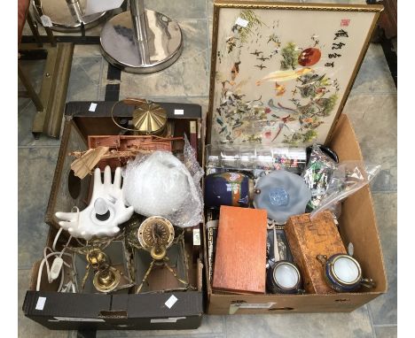 Brassware including oil lamp; wall mounted bell; blow lamps; ceiling lights; clock/barometer; 1960s/70s white glazed hands la