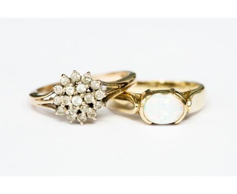 A diamond and&nbsp; 9ct gold cluster ring, size Q, along with an opal type and 9ct gold dress ring, chip to the stone, size P