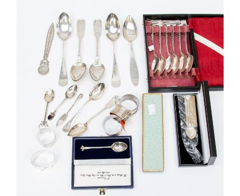 A collection of silver, unmarked white matal and continental 800 items, to include a cased set of Art Nouveau dessert spoons 