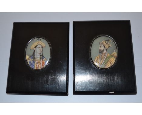 Indian Mughal School&nbsp;(early 20th Century) - Portrait of&nbsp;a Maharaja and his wife, oval miniatures painted on ivory, 