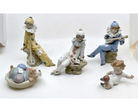 Collection of Nao figures, five in total, comprising clowns, dog and boy playing footballCondition: No obvious signs of damag