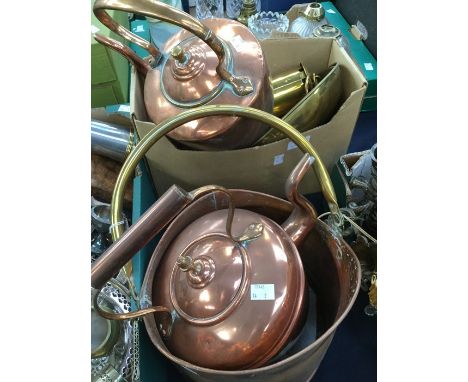 Brass miners lamp, copper kettles, scales and coal scuttle