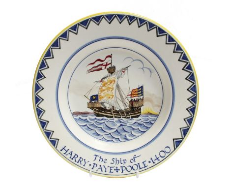 Poole pottery "The ship pf Harry Paye, Poole, 1400" charger. Dated 1952. The ship drawn by Arthur Bradbury, painted by Gwen H