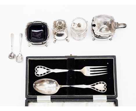 Birmingham silver condiment set 1961 along with silver topped glass mustard pot and cased Sheffield christening fork and spoo