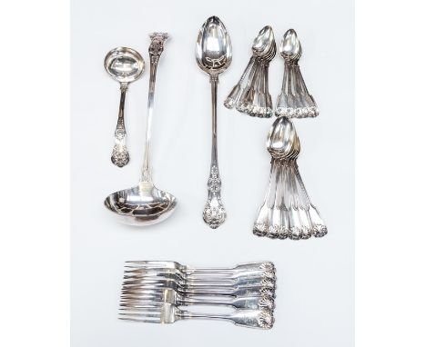 A collection of 19th Century style silver-plate flatware, including Fiddle thread and shell table forks, dessert spoons and t