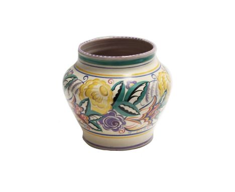 Poole Pottery plant pot, decorated with traditional floral design, marked to base, 23 cms tall approxCondition: Firing crack 