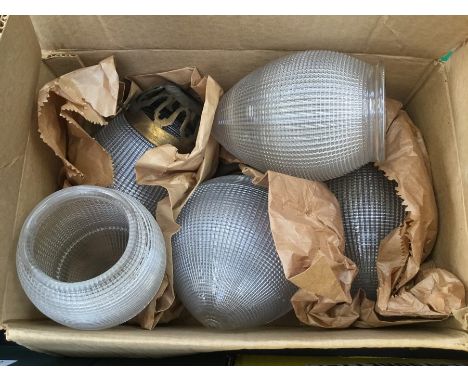 A collection of five Art Deco pressed glass lamp shades, three with fittings Condition: Minor chips to three shades. Larger s