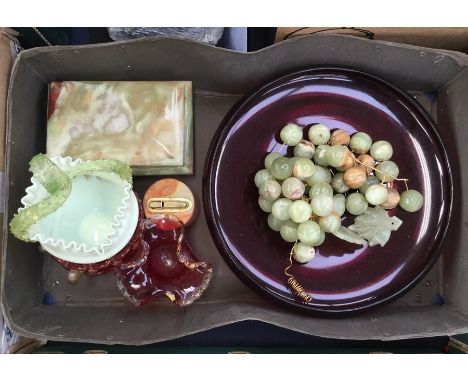 A large red glass bowl along with other coloured glass items together with onyx grapes, lidded box and lighter (one box)