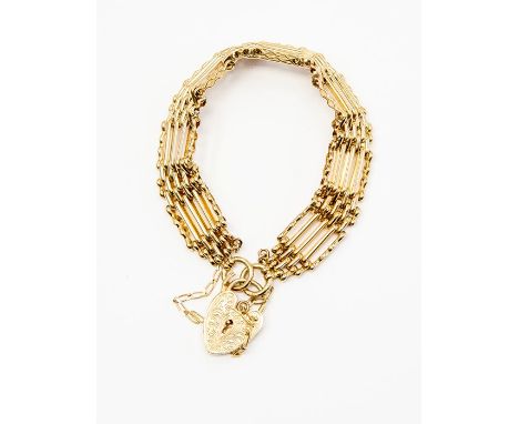 A 9ct gold five bar gate bracelet, textured and plain links, padlock clasp, length approx. 7'',&nbsp; total gross weight appr