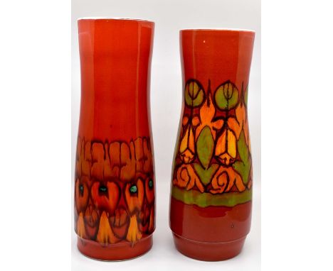 Two large Poole vases, red ground Condition: Vase with orange detailing: Some crazing to surface with surface scratches, lots