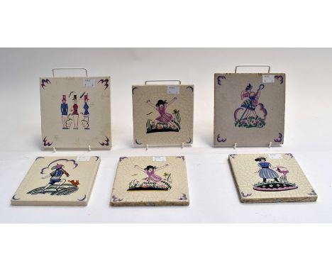 6 Poole pottery tiles, possibly by Dora Batty, Nursery scenes decorated with various characters on cream crazed glaze (6)Cond