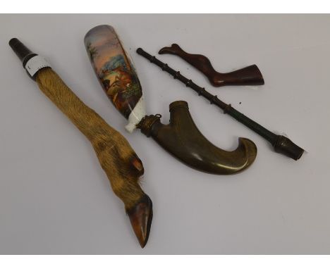 A late 19th Century ceramic hand painted pipe depicting deer scene, plus a tamper (2)