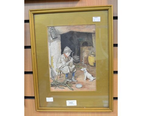 Early 20th Century watercolour of a boy playing the flute, along with a dog, signed bottom left WWS 1937