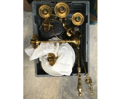 A pair of Arts &amp; Crafts brass two branch candelabra, a large bell, a pair of vases, a brass and iron poker, a toasting fo