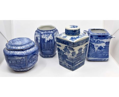 A group of four Mailing Ware Ringtons advertising barrels, tea caddy and jug. The two barrels are decorated with scenes in th