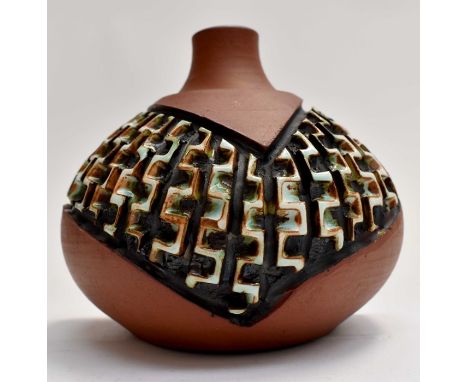 Poole pottery studio Atlantis ovoid vase by Guy Sydenham P5/2, groove decoration with glazed detail, impressed marks to base,