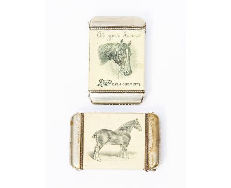 Two early 20th Century&nbsp;metal and celluloid advertising vesta cases, both with horse to the front; one for Boots Cash Che