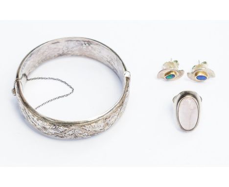 A silver and rose quartz ring, elongated oval stone, size K, along with a pair of silver and opal set earrings and a silver h