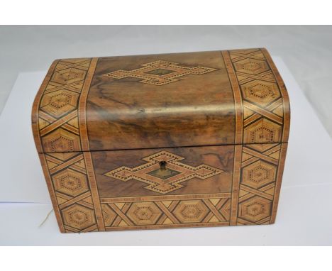 A Victorian walnut and parquetry veneered tea caddy, with two internal lidded compartments