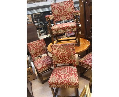 A set of four 19th Century oak chairs (one carver + three chairs), tapestry seating and back rest, on turned supports united 