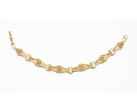 A 9ct gold and diamond gate bracelet,&nbsp; with grain set diamond stations, length approx. 7.5'', width approx. 10mm, total 