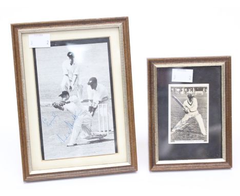 A framed, glazed and signed Don Bradman card, together with another, dedicated 'Cyril, From Len Hutton', both original pen si